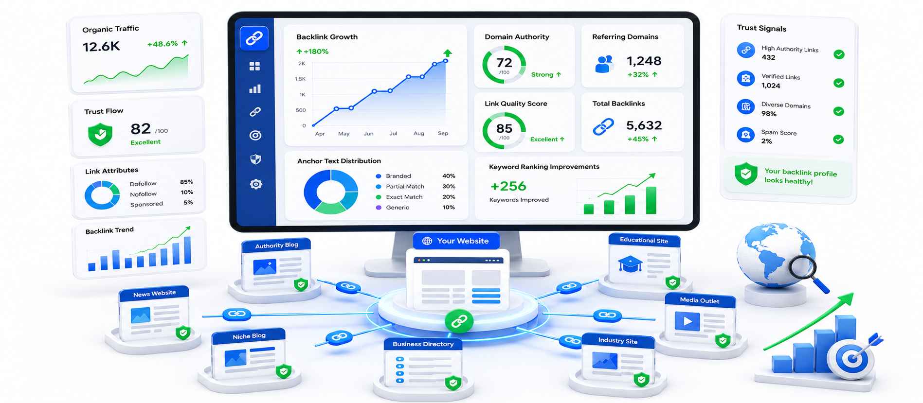 SEO analytics dashboard showing organic traffic growth and backlink performance metrics