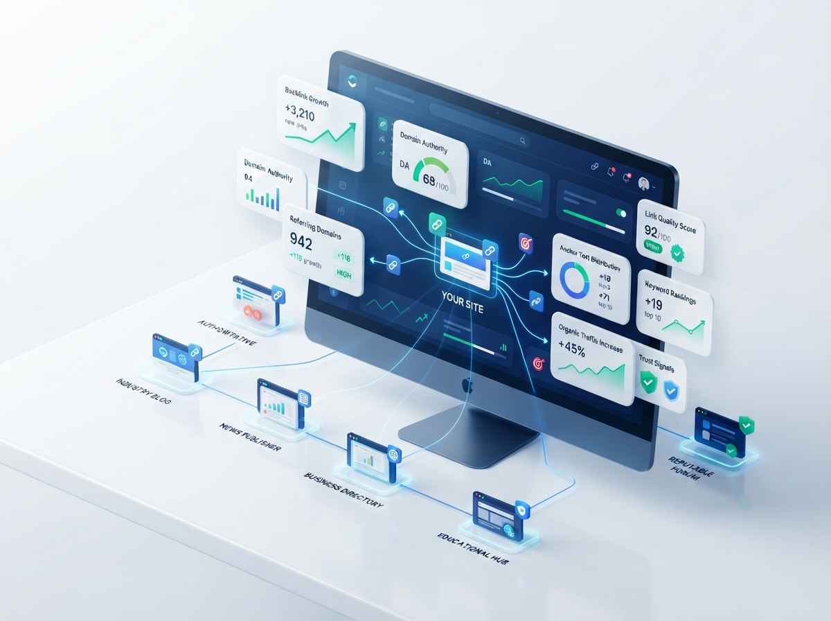 SEO analytics dashboard showing backlink metrics
