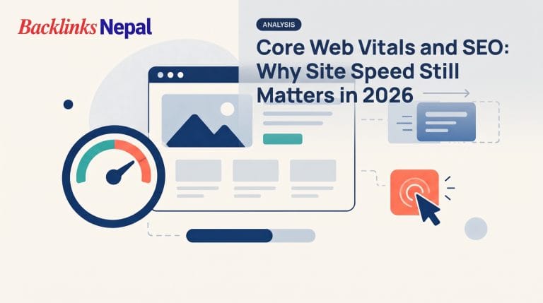 Illustration representing Core Web Vitals and website speed for SEO, showing a webpage with loading and performance indicators