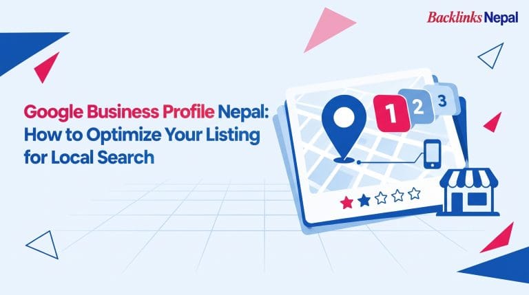 Illustration of Google Business Profile optimization for Nepal, showing a map pin, local search ranking badges, and a star rating row