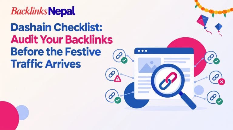 Magnifying glass inspecting link icons on a web page with marigold flowers and kites for a Dashain backlink audit