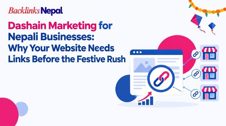 Web page linked to local shop icons with a growth arrow, marigold flowers and kites for Dashain marketing in Nepal