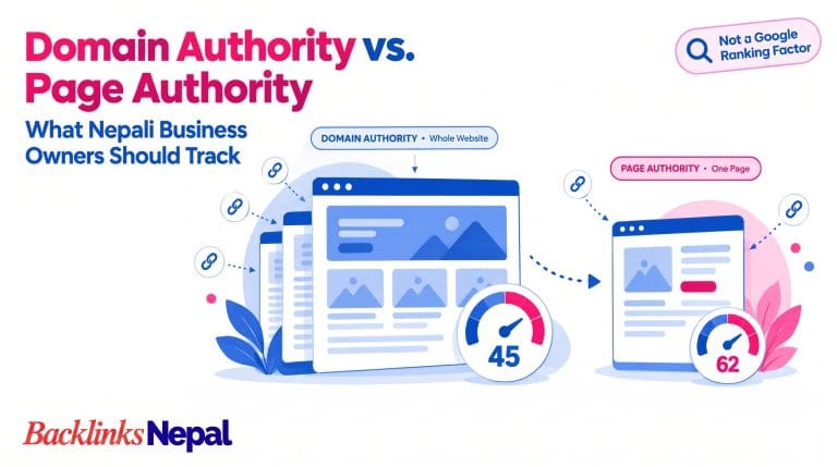 Illustration comparing Domain Authority and Page Authority with website and single-page score icons