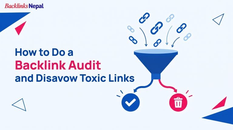 Illustration of a backlink audit process, showing links sorted into safe and toxic categories before disavowing